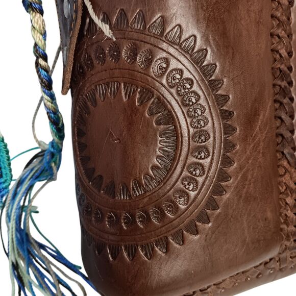 Leather Tooled Crossbody Purse Dark Brown With Turquoise & Green Crochet Strap - Picture 16 of 16